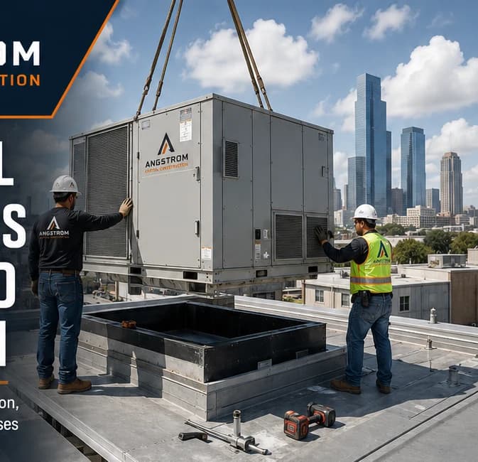 Technicians guiding a packaged rooftop HVAC unit during installation